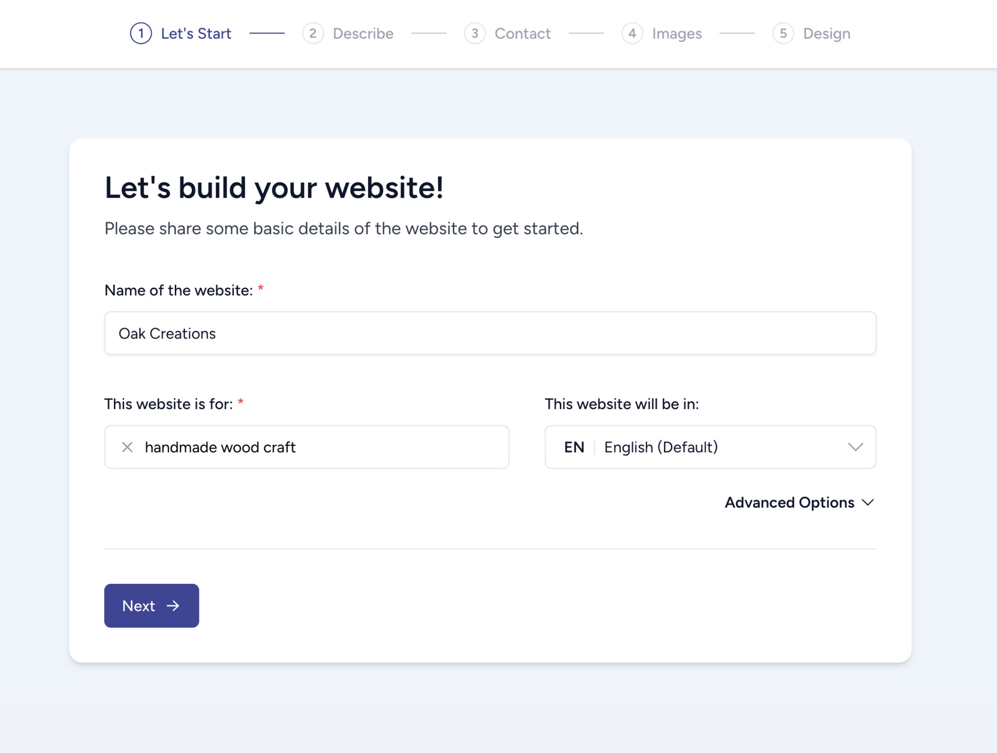ZipWP AI website builder: enter your business information 